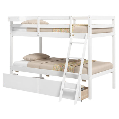 Space-Saving Twin Over Twin Bunk Bed with Storage Drawers and Ladder - White