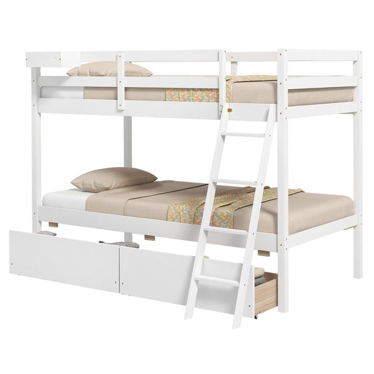 Space-Saving Twin Over Twin Bunk Bed with Storage Drawers and Ladder - White