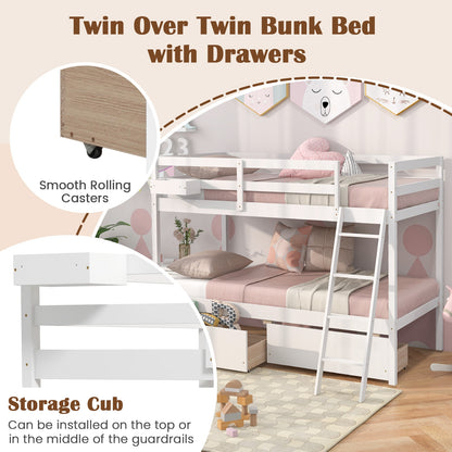 Space-Saving Twin Over Twin Bunk Bed with Storage Drawers and Ladder - White