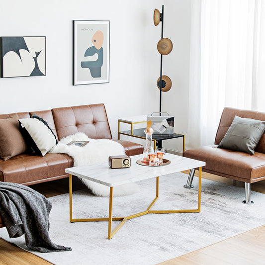 Modern White Faux Marble Coffee Table with Gold Metal X-Frame Base, Rectangular Accent Table