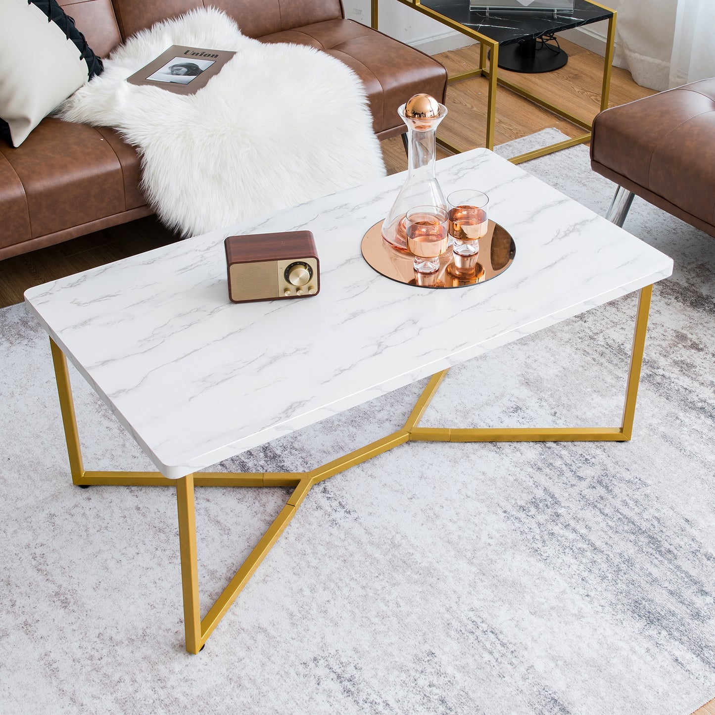 Modern White Faux Marble Coffee Table with Gold Metal X-Frame Base, Rectangular Accent Table