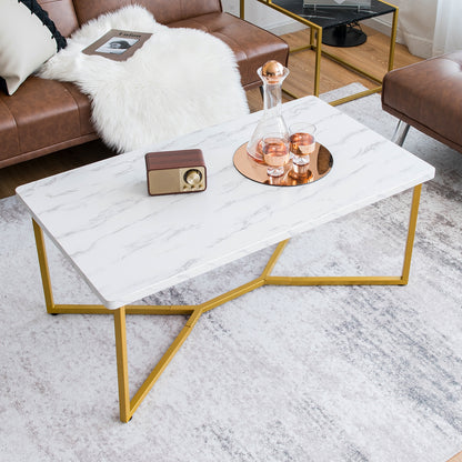 Modern White Faux Marble Coffee Table with Gold Metal X-Frame Base, Rectangular Accent Table