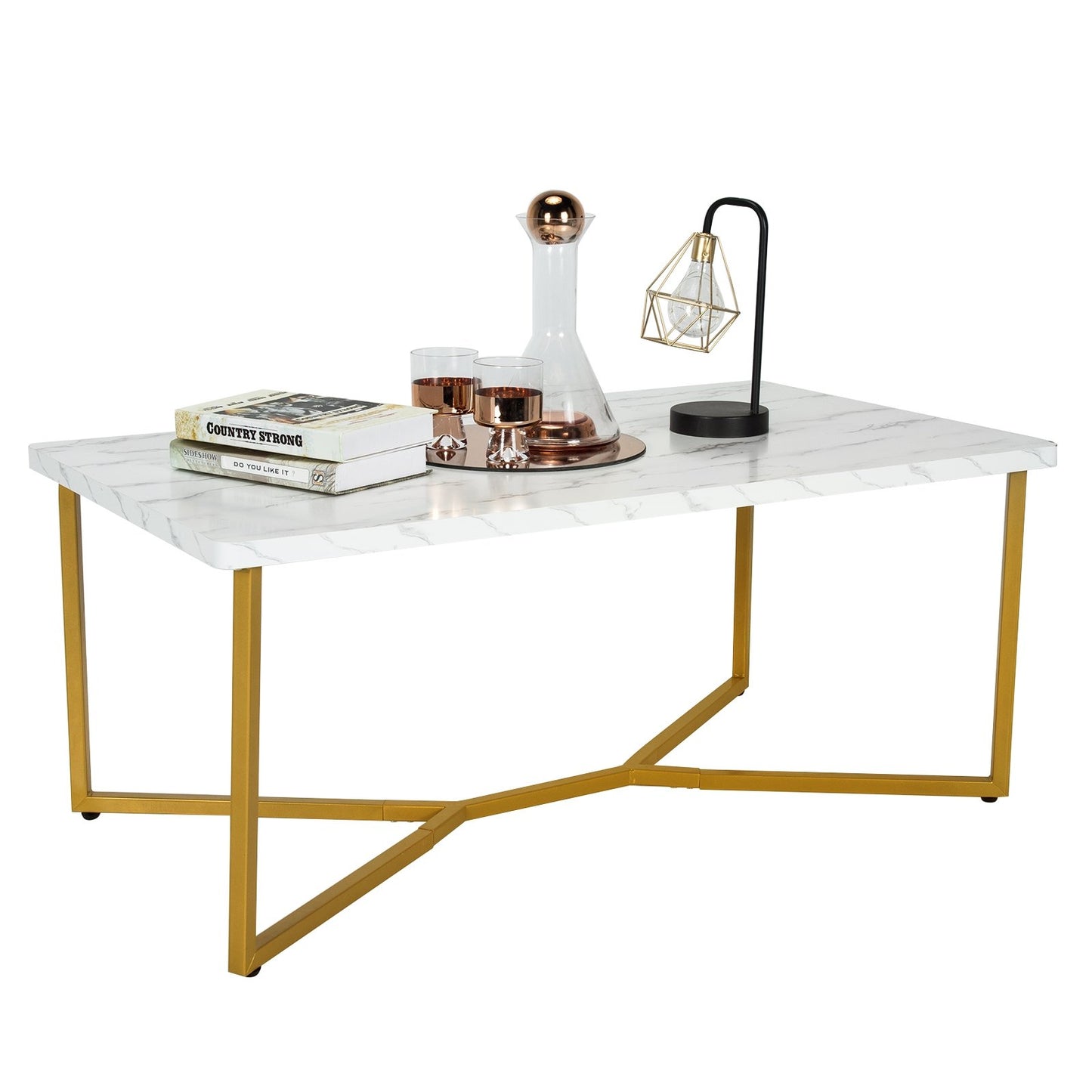 Modern White Faux Marble Coffee Table with Gold Metal X-Frame Base, Rectangular Accent Table