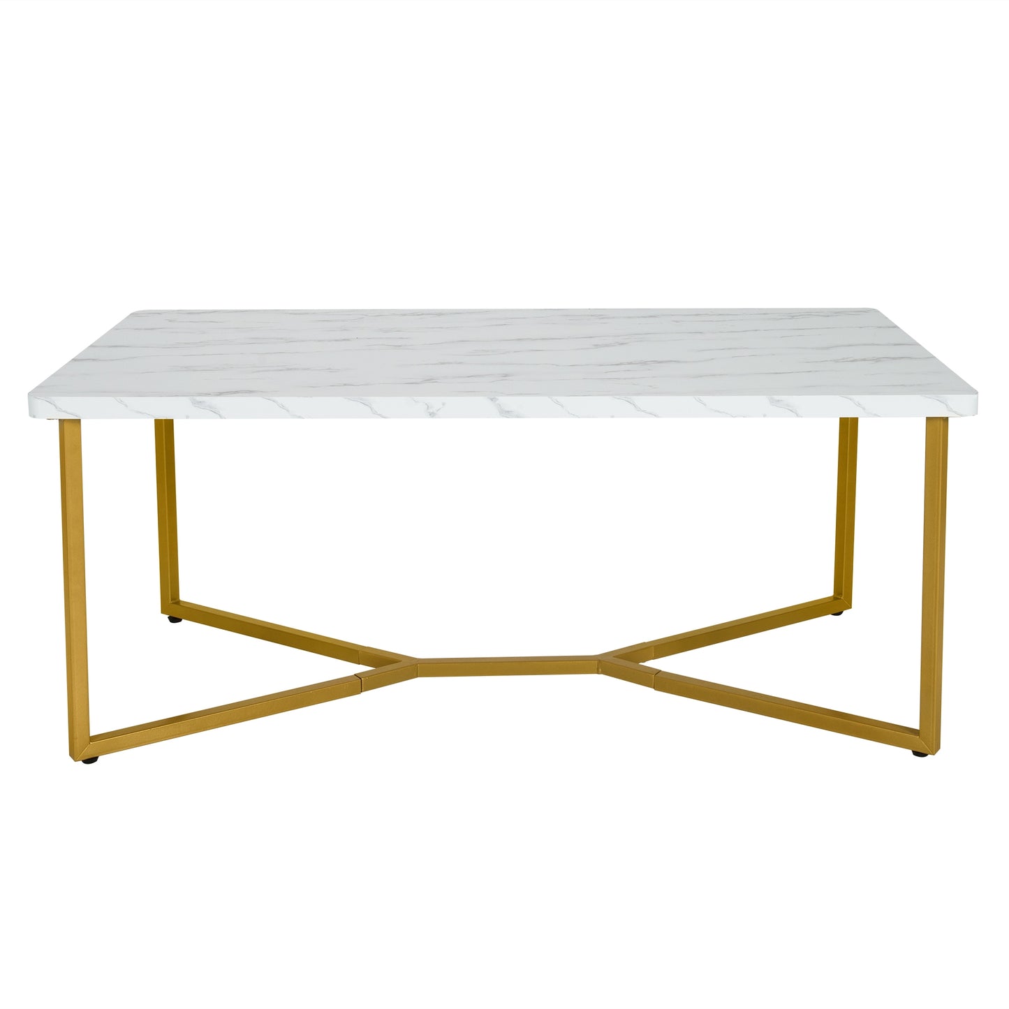 Modern White Faux Marble Coffee Table with Gold Metal X-Frame Base, Rectangular Accent Table