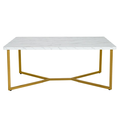 Modern White Faux Marble Coffee Table with Gold Metal X-Frame Base, Rectangular Accent Table