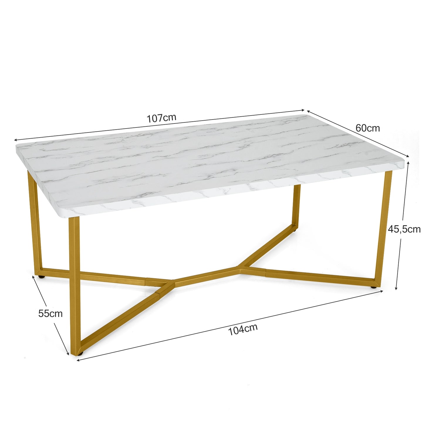 Modern White Faux Marble Coffee Table with Gold Metal X-Frame Base, Rectangular Accent Table