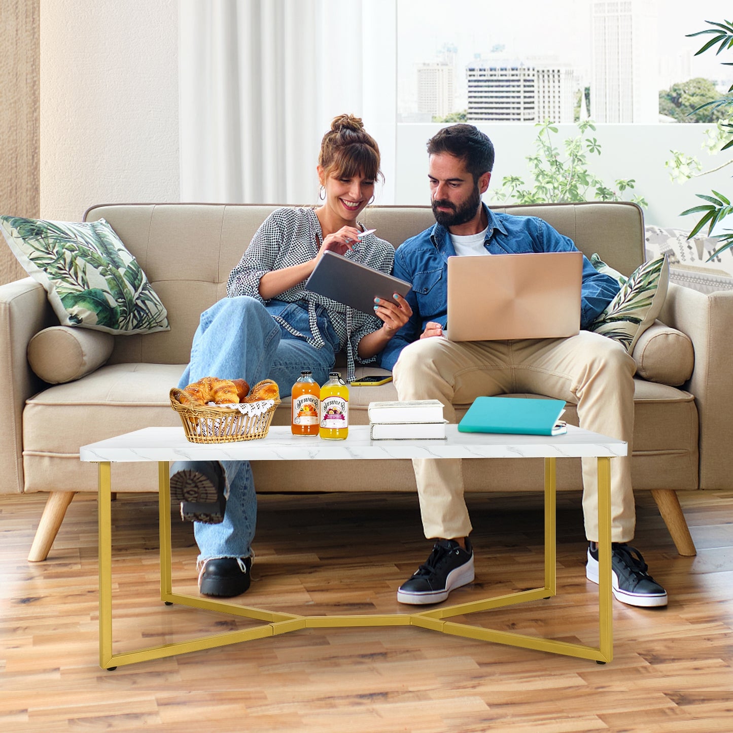 Modern White Faux Marble Coffee Table with Gold Metal X-Frame Base, Rectangular Accent Table