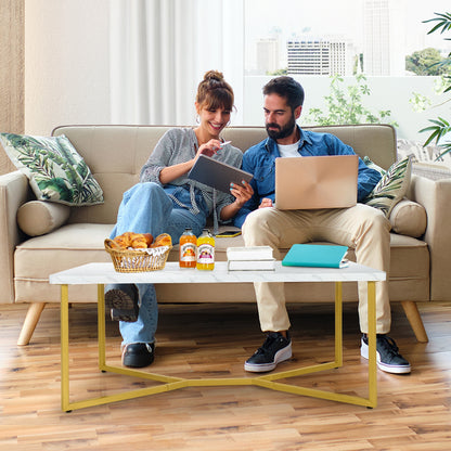 Modern White Faux Marble Coffee Table with Gold Metal X-Frame Base, Rectangular Accent Table