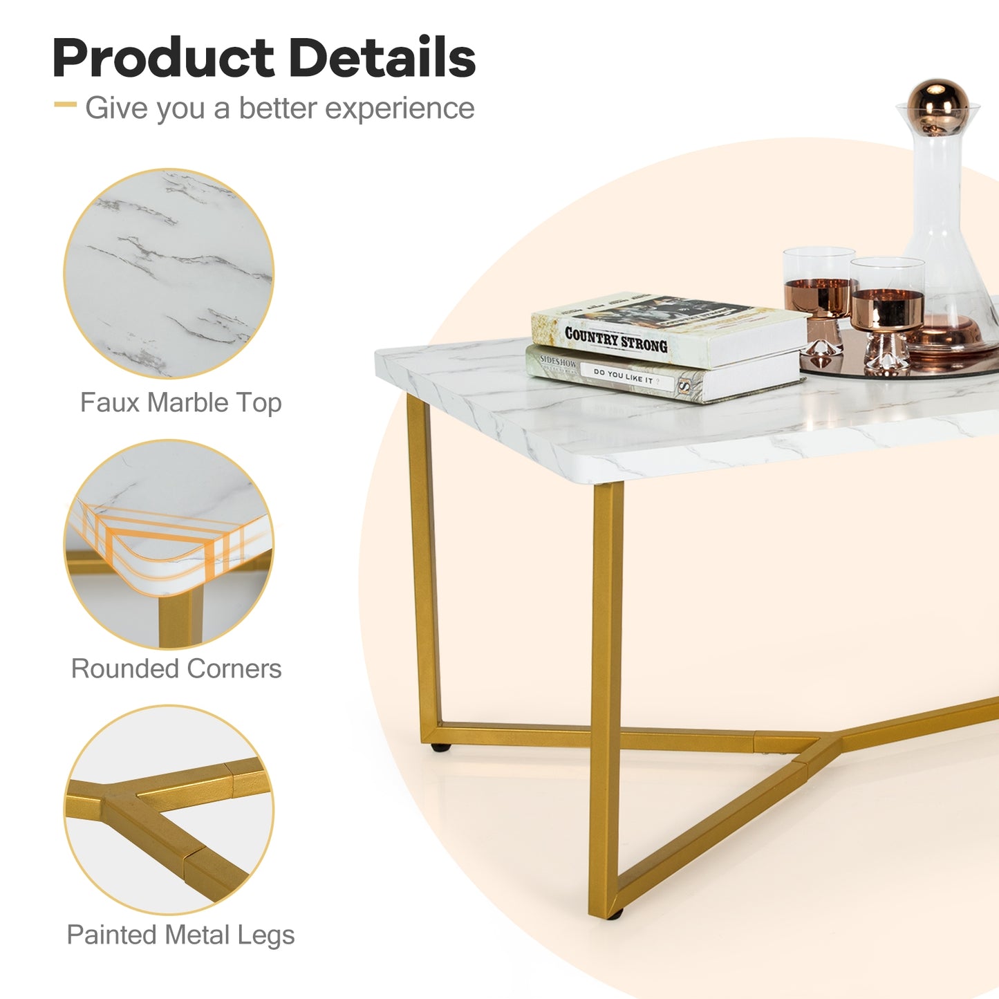 Modern White Faux Marble Coffee Table with Gold Metal X-Frame Base, Rectangular Accent Table