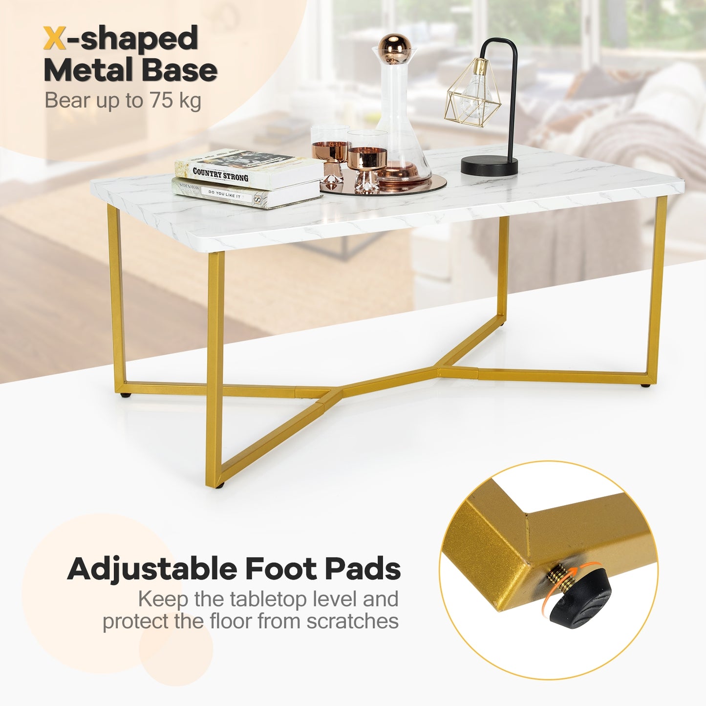 Modern White Faux Marble Coffee Table with Gold Metal X-Frame Base, Rectangular Accent Table
