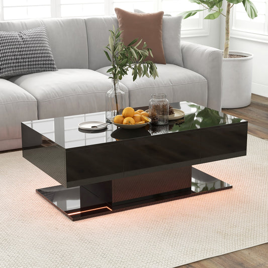 LED Coffee Table with 20 Color Light Modes, High Gloss Finish, 2 Storage Drawers and Open Shelf - Black