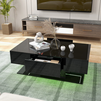 LED Coffee Table with 20 Color Light Modes, High Gloss Finish, 2 Storage Drawers and Open Shelf - Black