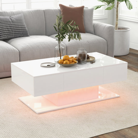 LED Coffee Table with 20 Color Light Modes, High Gloss Finish, 2 Storage Drawers and Open Shelf - White