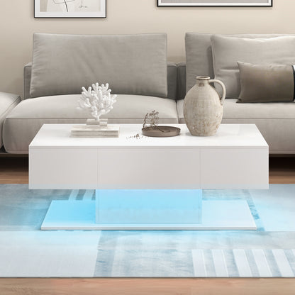 LED Coffee Table with 20 Color Light Modes, High Gloss Finish, 2 Storage Drawers and Open Shelf - White