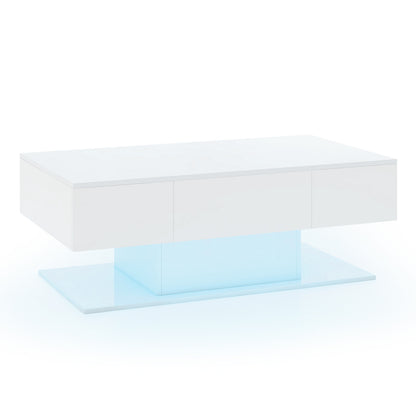 LED Coffee Table with 20 Color Light Modes, High Gloss Finish, 2 Storage Drawers and Open Shelf - White