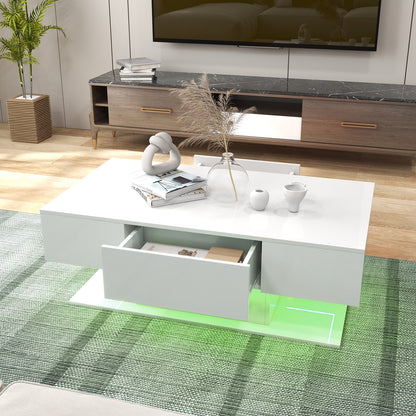 LED Coffee Table with 20 Color Light Modes, High Gloss Finish, 2 Storage Drawers and Open Shelf - White