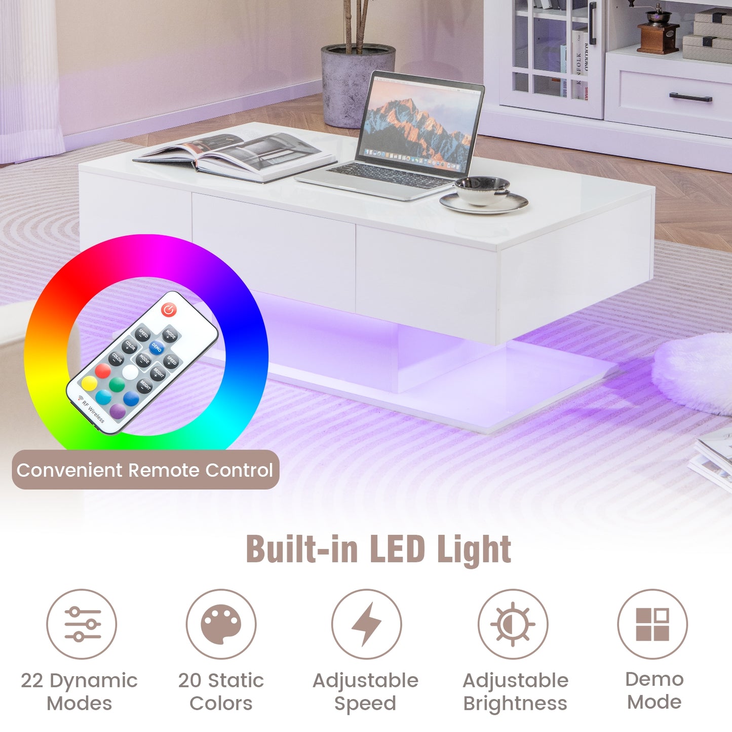LED Coffee Table with 20 Color Light Modes, High Gloss Finish, 2 Storage Drawers and Open Shelf - White