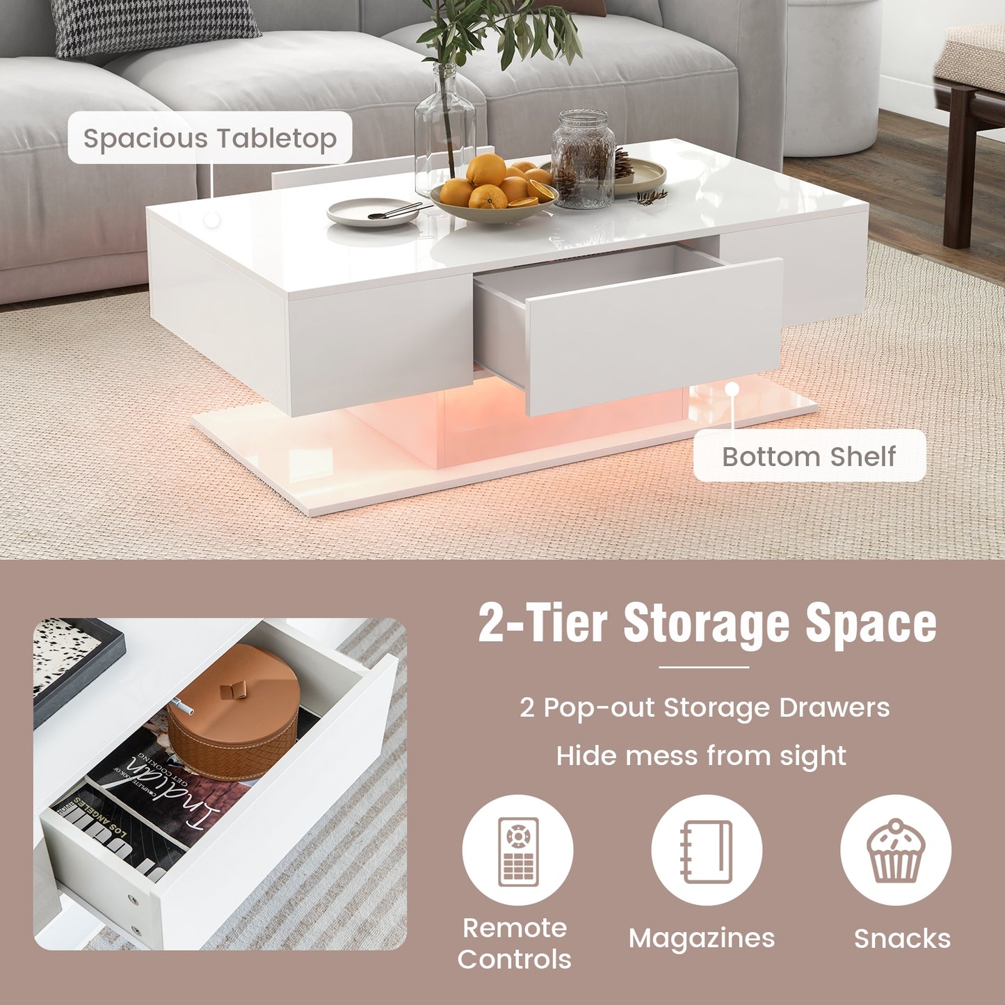 LED Coffee Table with 20 Color Light Modes, High Gloss Finish, 2 Storage Drawers and Open Shelf - White