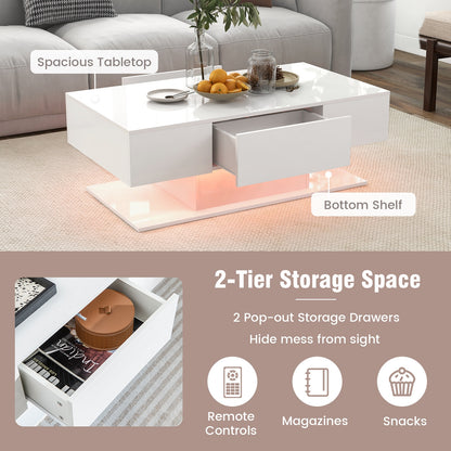 LED Coffee Table with 20 Color Light Modes, High Gloss Finish, 2 Storage Drawers and Open Shelf - White