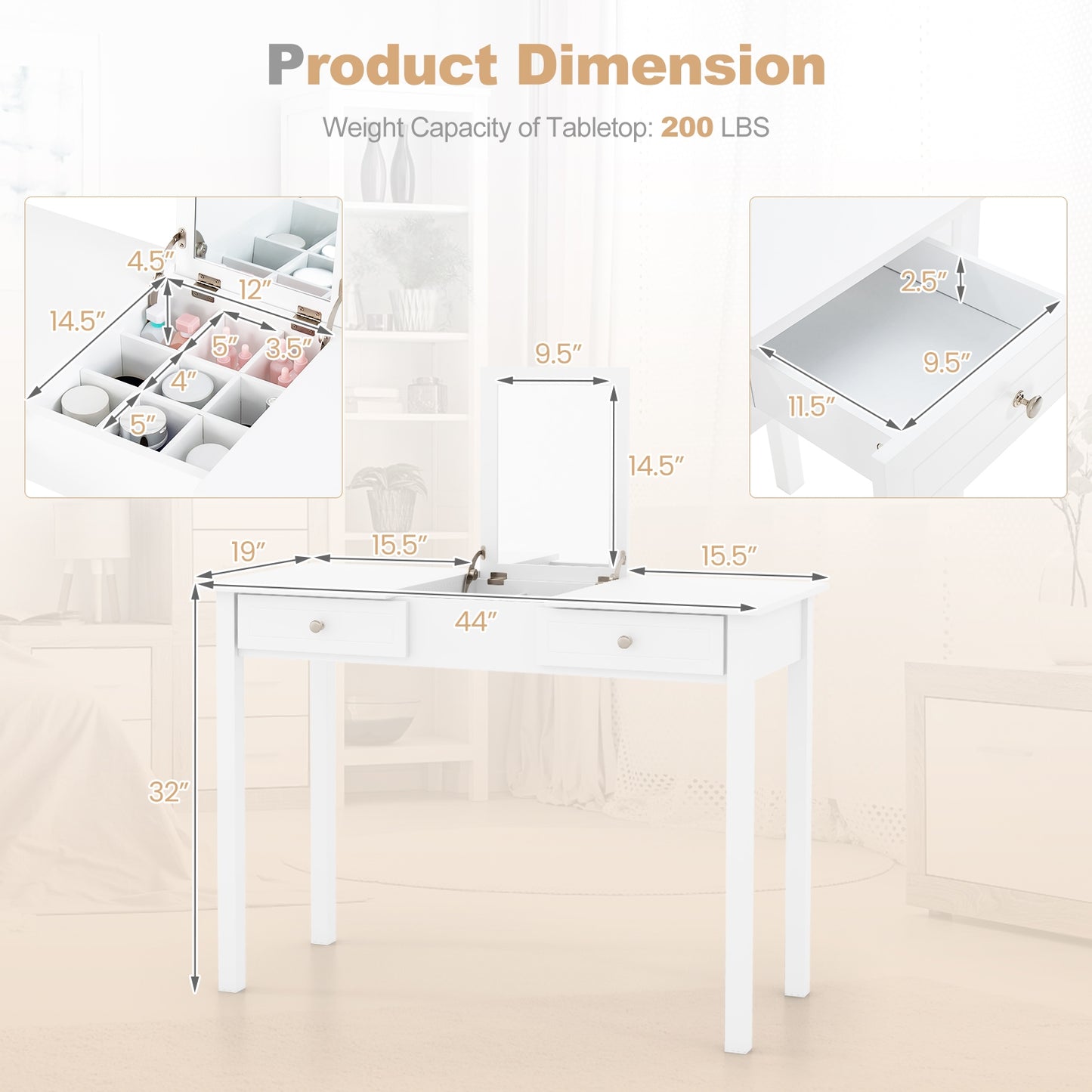 Vanity Desk with Flip Top Mirror, Hidden Storage Compartments and Drawers