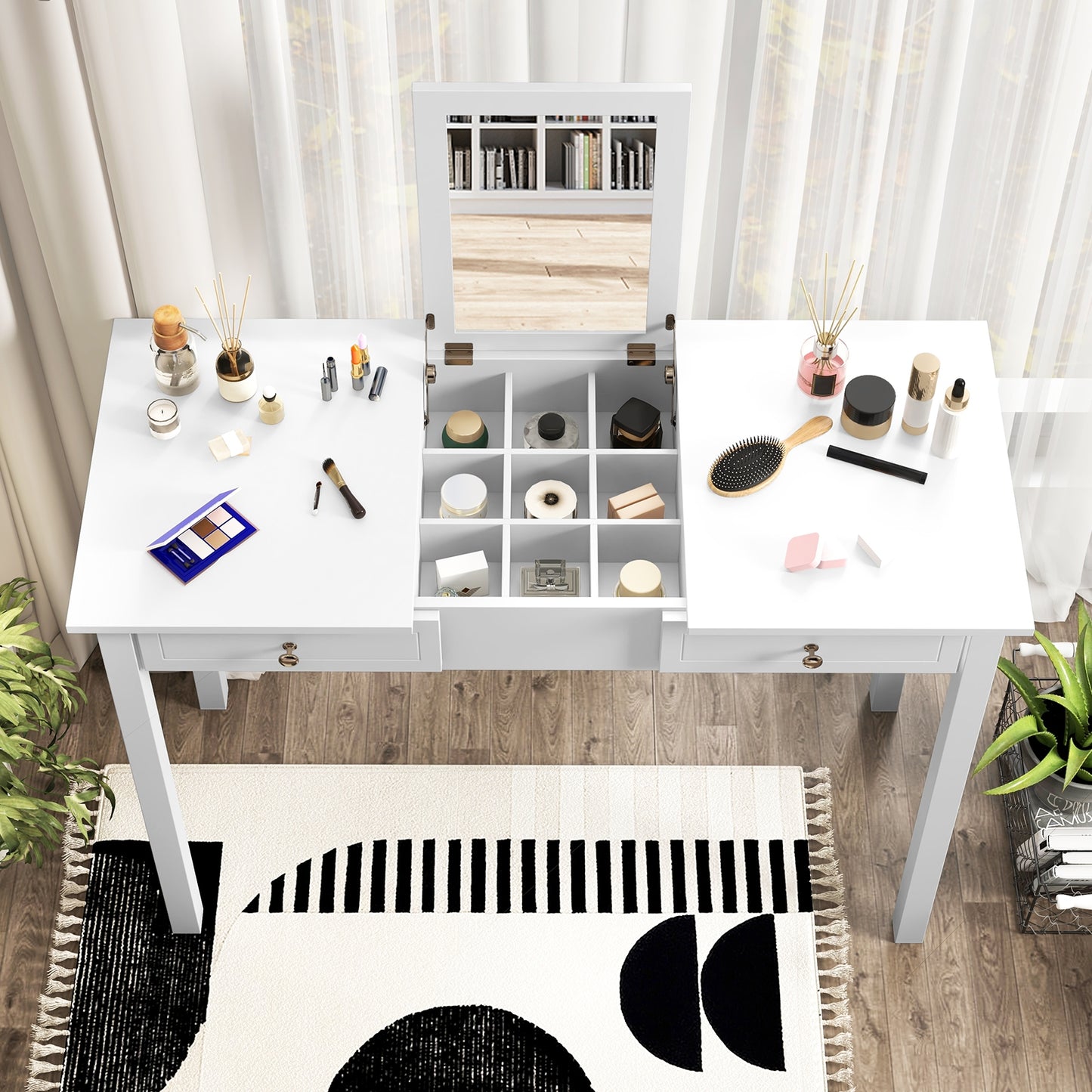 Vanity Desk with Flip Top Mirror, Hidden Storage Compartments and Drawers