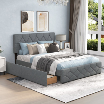 Elegant Queen Upholstered Platform Bed with Trundle and Storage Drawers