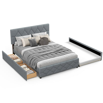 Elegant Queen Upholstered Platform Bed with Trundle and Storage Drawers