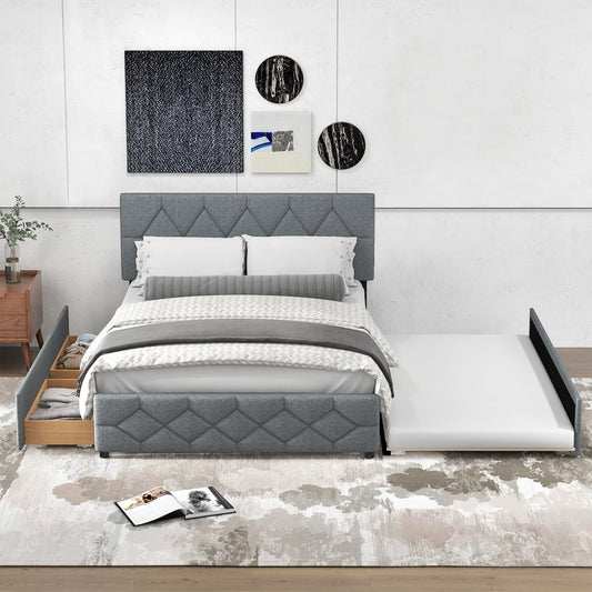 Elegant Queen Upholstered Platform Bed with Trundle and Storage Drawers