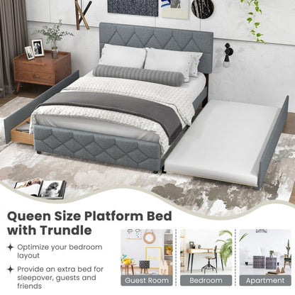Elegant Queen Upholstered Platform Bed with Trundle and Storage Drawers
