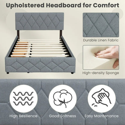 Elegant Queen Upholstered Platform Bed with Trundle and Storage Drawers