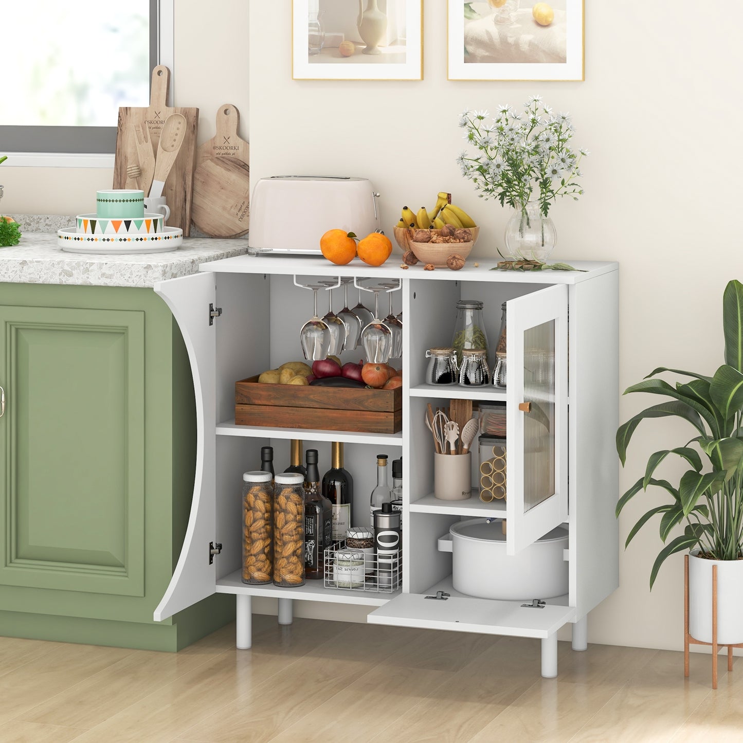 Modern Buffet Cabinet with Glass Door Wine Glass Rack and Storage Drawers for Dining or Living Room