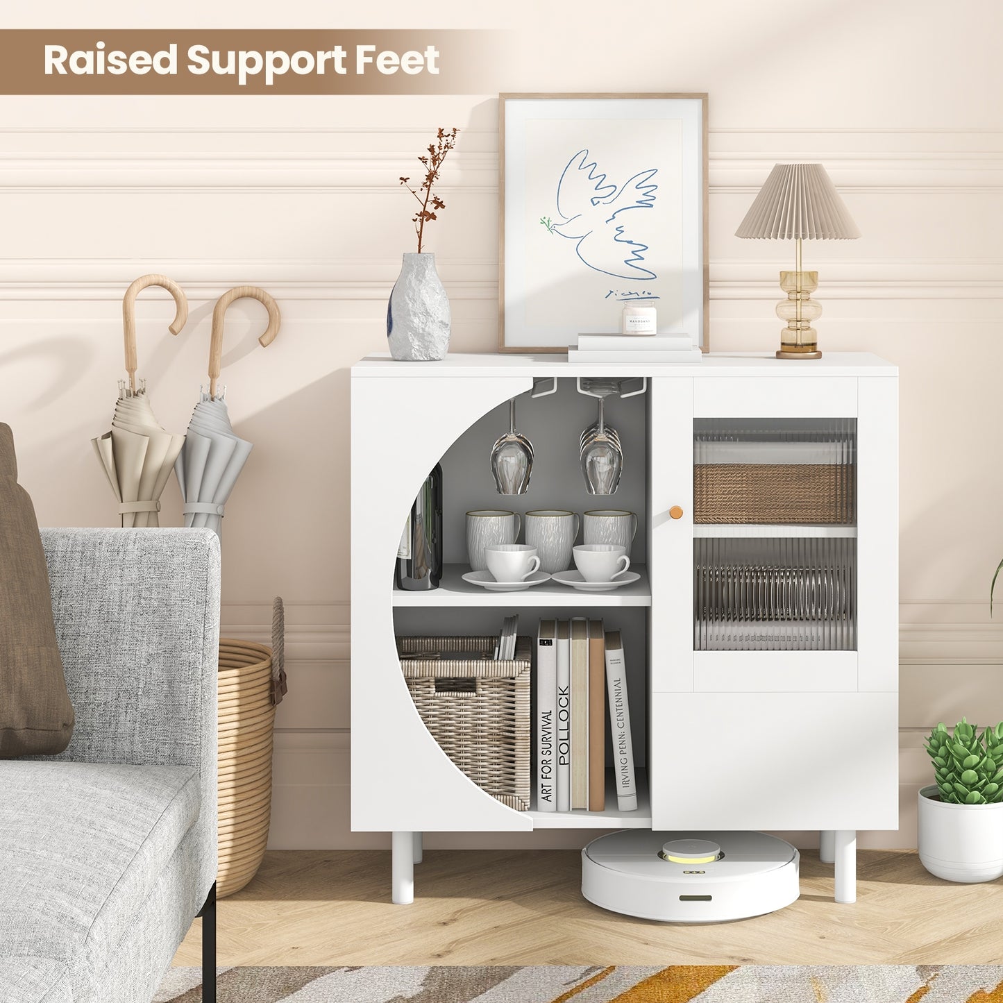 Modern Buffet Cabinet with Glass Door Wine Glass Rack and Storage Drawers for Dining or Living Room
