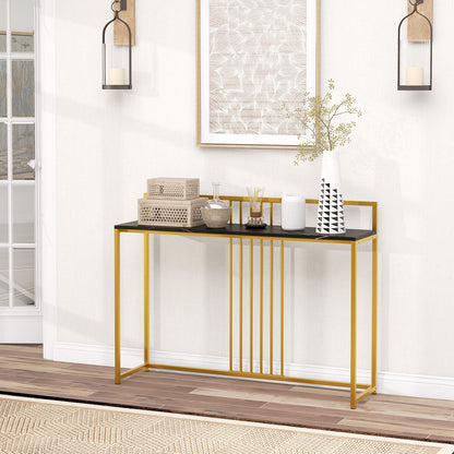 Slim Faux Marble Console Table with Gold Frame and Raised Edge - Black