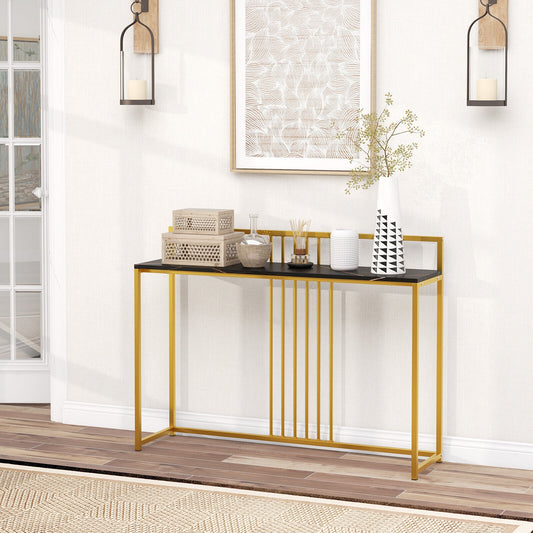 Slim Faux Marble Console Table with Gold Frame and Raised Edge - Black