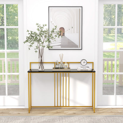 Slim Faux Marble Console Table with Gold Frame and Raised Edge - Black
