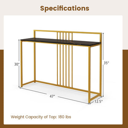 Slim Faux Marble Console Table with Gold Frame and Raised Edge - Black