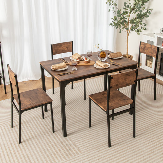 Modern 5 Piece Dining Table Set with Metal Frame and Wood Grain Finish - Rustic Brown