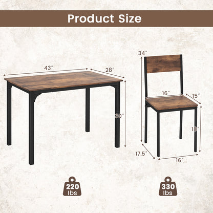 Modern 5 Piece Dining Table Set with Metal Frame and Wood Grain Finish - Rustic Brown