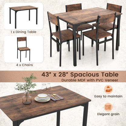 Modern 5 Piece Dining Table Set with Metal Frame and Wood Grain Finish - Rustic Brown