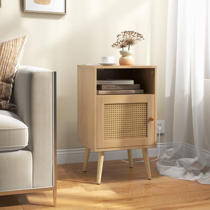 Rattan Nightstand with Charging Station and USB Ports with PE Rattan Cabinet Door