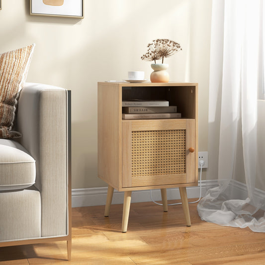 Rattan Nightstand with Charging Station and USB Ports with PE Rattan Cabinet Door