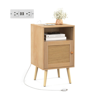 Rattan Nightstand with Charging Station and USB Ports with PE Rattan Cabinet Door
