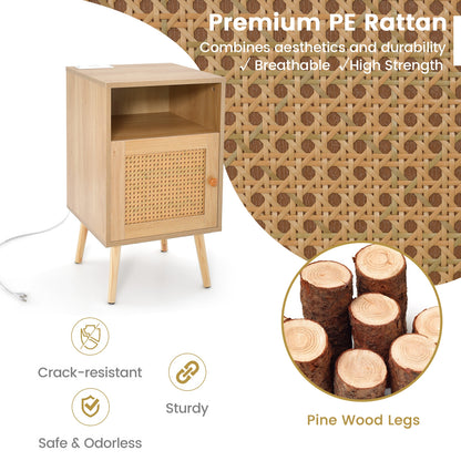 Rattan Nightstand with Charging Station and USB Ports with PE Rattan Cabinet Door