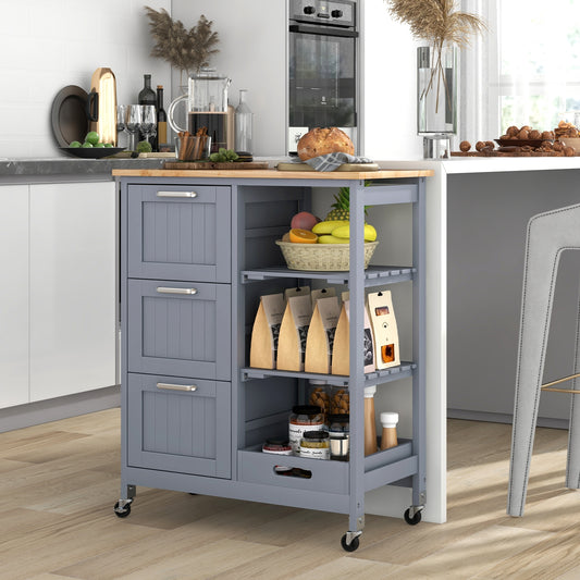 Rolling Kitchen Island Cart with 3 Drawers and Utility Storage Shelves - Grey
