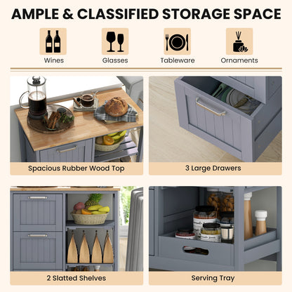Rolling Kitchen Island Cart with 3 Drawers and Utility Storage Shelves - Grey