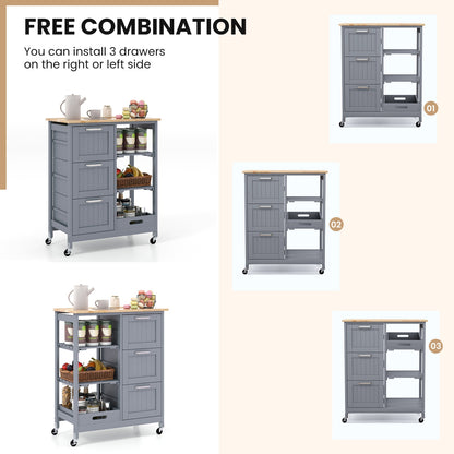 Rolling Kitchen Island Cart with 3 Drawers and Utility Storage Shelves - Grey