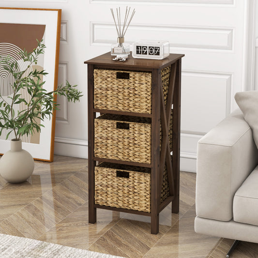 3 Tier Nightstand with Seagrass Baskets and X Design Frame