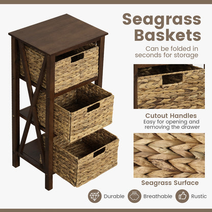 3 Tier Nightstand with Seagrass Baskets and X Design Frame