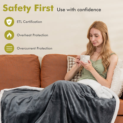 Electric Heated Blanket Throw with 10 Heat Settings and Auto Shut-Off – Grey