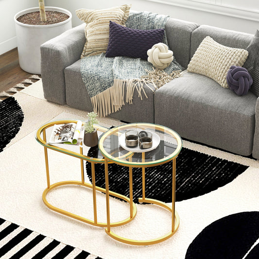 Stylish Nesting Coffee Table Set of 2 with Clear Tempered Glass Tops and Gold Metal Frames